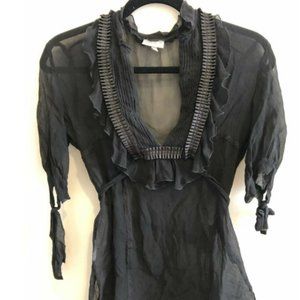 Karen Millen Black Organza Sheer Ruffle Blouse Silk Cocktail US 6